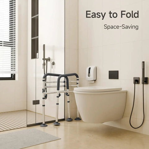 Built To Last Adjustable Toilet Safety Frame For Seniors And Adults With Quick Resize Height Bars in modern bathroom setting.