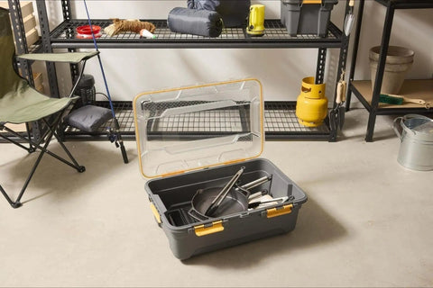Toss Your Gear In This Heavy Duty 5.28 Gallon Waterproof Plastic Storage Tote Bin with kitchen utensils inside.