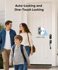 A family entering a home featuring the Slick Keyless Entry Smart Lock Featuring Auto Locking Fingerprint Reader.
