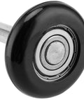 Close-up of a black nylon garage door roller, 1.8-inch diameter, showing the bearing for smooth operation in garages and warehouses.