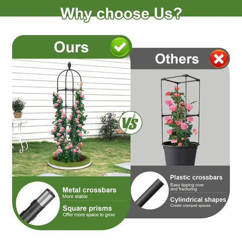 Comparison of 2 Pack Garden Obelisk Trellis for Climbing Vines Adjustable 35 to 70 Inch with competitor model in garden setting