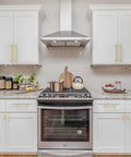 Modern kitchen with Top Shelf Brushed Gold Cabinet Pulls 10 Pack With Trim Down Screws For Kitchen Drawers, sleek design.