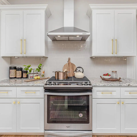 Modern kitchen with Top Shelf Brushed Gold Cabinet Pulls 10 Pack With Trim Down Screws For Kitchen Drawers, sleek design.
