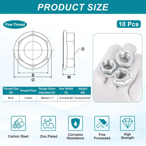 Built Tough As Nails Zinc Plated Carbon Steel Serrated Flange Hex Lock Nuts M14 X 1.5 Metric Fine Thread Heavy Duty Non Slip Grip For Garage Shop Jobs And Weekend DIY Projects Pack Of Ten Silver with dimensions.