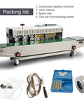 Automatic Horizontal Continuous Sealing Machine For Plastic Bags, Band Sealer With Embossing And Date Stamp, Pro Grade Seals Up To 0.08mm Thick Bags, Great For Kraft Paper, Aluminum Foil And Film Bags, shown with accessories including user manual, spare belt, embossing wheel.