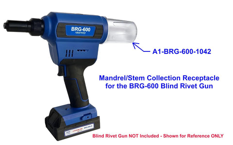 Hardcore Mandrel And Stem Collection Receptacle For 20V Cordless Blind Rivet Gun Setup Clear Catch Tray attached to BRG-600 rivet gun.