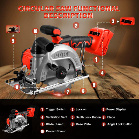 No Frills Hardcore Six Inch Cordless Circular Saw With Brushless Motor And 6200 Rpm Speed displaying functional features on a wooden surface.