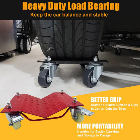 Rock Solid Four Piece Wheel Dolly Set Featuring Tough As Nails Steel Construction And A Rust Resistant Powder Coat Finish Designed To Handle Heavy Loads Like A Champ While Rolling Out Cars Trailers Or Stored Gear Up To Ten Thousand Pounds, showcasing heavy-duty load-bearing capabilities and tire grip.