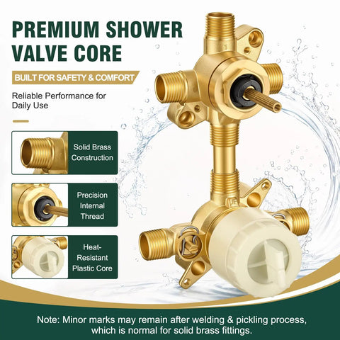 Heavy Duty Solid Brass Shower Rough In Valve With Two To Three Function Integrated Transfer Diverter and Pressure Balancing, detailed view.