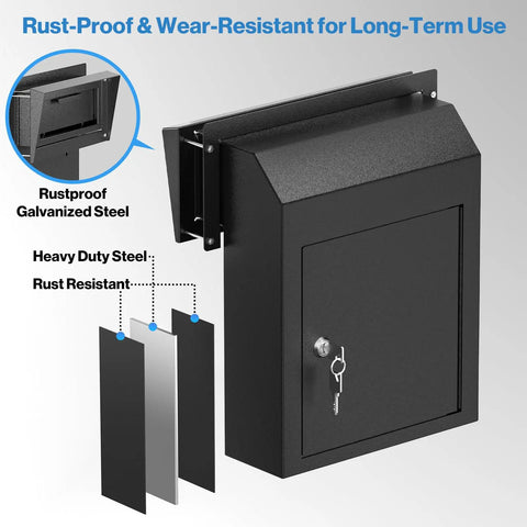 Rainproof Heavy Duty Mailbox Door Drop Box With Galvanized Steel Construction Weatherproof Mail Slot in black shown with key