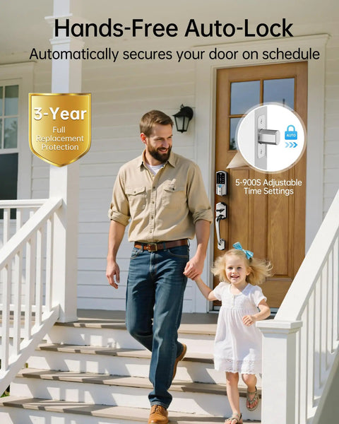 Slick Wifi Smart Lock For Front Door Keyless Entry Electronic Deadbolt with Hands-Free Auto-Lock feature being used by a father and daughter.
