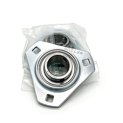 One Inch Setscrew Locking Three Bolt Flange Bearing Housing With Stamped Steel Shell And Tough Chrome Steel Core For Farm Augers And Conveyor Rollers Rock Solid Seamless Swap Upgrade in packaging.
