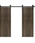 Top Tier Double Sliding Barn Door With Track And Complete Hardware Set For Closets Slick Slide American Made HDF Core Built Tough As Nails For Real Homes, double sliding barn door in dark wood finish.