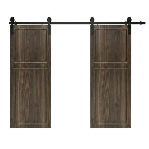 Heavy Duty Two Panel Sliding Barn Door With Full Track Hardware Kit For Interior Closets And Room Dividers Top Shelf Build, dual panel design in dark wood.
