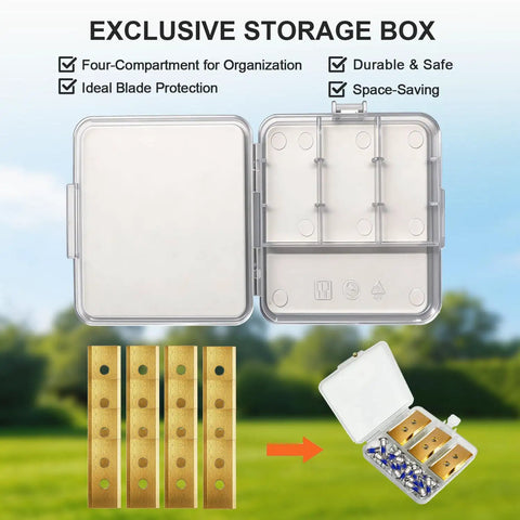 Exclusive storage box for Top Shelf Titanium Coated Replacement Blades For Robotic Lawn Mowers, featuring four compartments.
