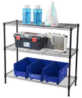 Built Like A Tank Triple Shelf Wire Rack With Sliding Height Adjustments Heavy Load Steel Storage Organizer For Garage Workloads Kitchen Storage And Home Tasks Black Finish with tools and storage containers.