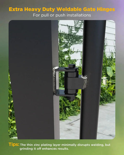 Weldable Gate Hinges For Heavy Metal Gates Using Silicon Alloy Steel with mounted installation visible.