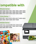 Printer compatible with HP Envy, OfficeJet, DeskJet series displaying vibrant printed photos next to 63XL Ink Cartridge Combo Pack 2 Black 1 Color 3 Pack For HP Printers With Upgraded Chips High Yield Replacement For Envy Officejet Deskjet Series Easy Install Fast Drying Budget Friendly Ink Solution packaging.