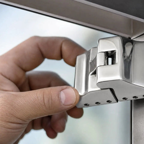 Person installing 316 Stainless Steel Heavy Duty Hinge With Broad Mounting Plates Polished Finish for sunroom roofs.