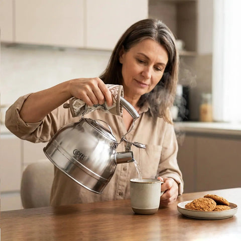 Woman pouring hot water from a Whistling Tea Kettle For Stovetop 2.3 Quart Stainless Steel Teapot into a mug in the kitchen.