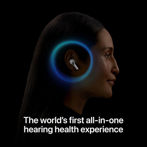 Profile view of person wearing AirPods Pro 2 Wireless Earbuds With Next Level Noise Cancellation Hearing Test And Hearing Protection Transparency Mode Personalized Spatial Audio High Fidelity Sound H2 Chip USB C Charging Bluetooth Headphones For Everyday Listening