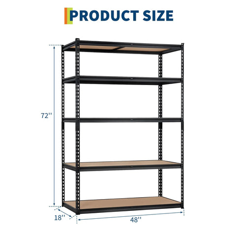 Heavy Duty Five Tier Metal Shelving Unit With Reinforced Steel Frame And Adjustable Thick Mdf Shelves Rock Solid Garage Storage Rack dimensions 72x48x18 inches.