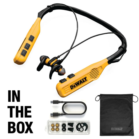 2 In 1 Neckband Bluetooth Headphones With Built In Speakers Around Neck Wearable Jobsite Audio Wireless Headset For Music And Calls 60 Plus Hours Battery Life All Day Comfort Plus Carry Pouch, yellow with accessories and pouch.
