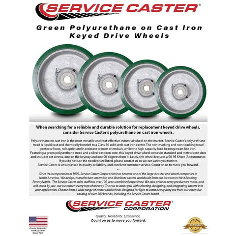 Heavy Duty Six Inch Polyurethane Caster Wheel On Solid Cast Iron Core With Half Inch Keyed Shaft in green color.