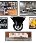 12 Pack 2 Inch Rigid Caster Wheels Non Swivel All Black Polyurethane Heavy Duty Non Marking Quiet 150 Lb Load Capacity Per Wheel Ideal For Mobile Carts Shelving Units Workbenches And Industrial Equipment displayed in various applications including carts and furniture.