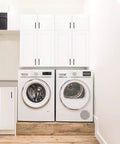 36 Inch White Corner Kitchen Cabinet With Dual Lazy Susan Spin Shelves And Smooth Operator Soft Close Doors Big Time Storage Solutions No Nonsense Daily Setup above washer and dryer.