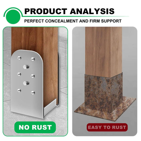 Comparison of Two Pack 4x4 Post Anchor Base, Adjustable Stainless Steel Post Bracket For Concrete And Wood Decks, and rusted bracket