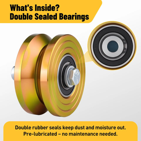 2 Pack Built Tough 4 Inch V Groove Sliding Gate Rollers With Welded Brackets And Dual Sealed Bearings showing double sealed bearings.