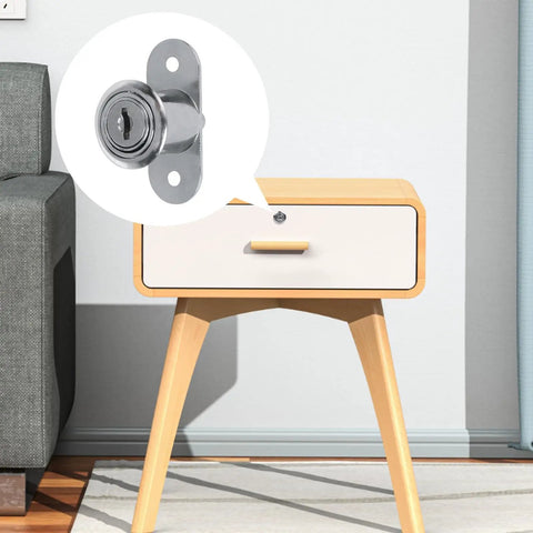 Rock Solid Zinc Alloy Push Plunger Cabinet Lock Set Keyed Alike Four Pack Smooth Chrome Finish installed on a modern desk drawer.
