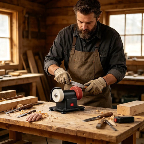 Powerful Compact Bench Grinder With Dual Fine And Coarse Wheels A Slick Counter Mount Setup For Daily DIY Woodwork Sharpening.