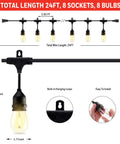 Diagram of total length and features of 48 Foot LED Color Changing String Lights With Remote Linkable Indoor Outdoor Patio Lighting Water Resistant Commercial Grade 15 Plastic E26 Bulbs Create Cafe Ambience In Your Backyard For Parties And Chill Evenings showing 24ft, 8 sockets, 8 bulbs.