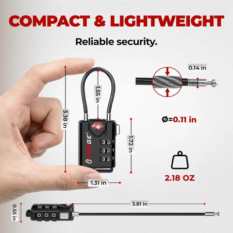 Tsa Approved Travel Luggage Cable Locks Built Solid With Heavy Duty Alloy Design And Smart Open Alert Mechanism To Keep Your Gear Locked Down Tight Black Two Pack dimensions detailed next to a hand for size comparison.
