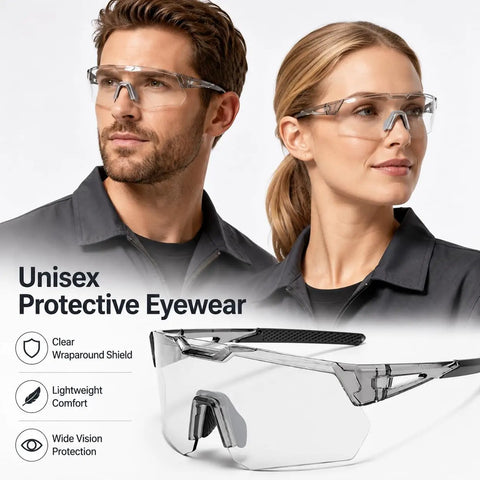 Slick Heavy Duty Photochromic Polarized Safety Glasses With Impact Resistant Lenses For Outdoor Work Featuring Smooth Transition Shades And Dead Serious Anti Glare Protection In Classic Grey worn by man and woman in protective eyewear.