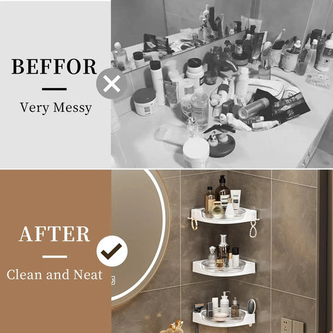 Before and after comparison of messy vs organized bathroom with Super Sturdy Premium Three Tier Corner Shower Caddy.