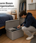 Heavy Duty Stackable Storage Totes With Secure Hinged Lids And Smooth Rolling Casters Plus Reinforced Side Handles For Clutter Free Closet Organization And Dorm Spaces with clothes and books inside.