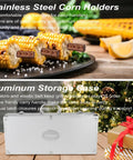 Heavy Duty BBQ Grill Tools Set With Non Slip Stainless Steel Utensils shown: corn holders gripping corn, aluminum storage case.
