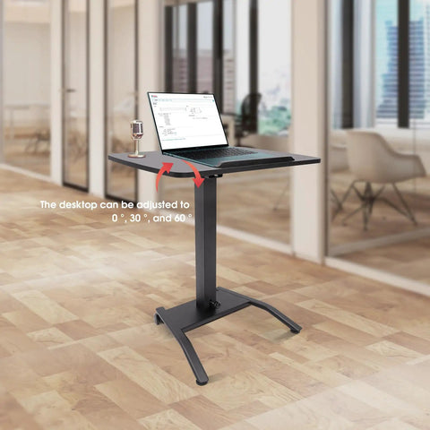 Premium Adjustable Height Standing Desk With Smooth Foot Pedal Operation And Fully Rolling Ergonomic Office Station showcasing adjustable tilting surface.