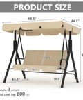 Outdoor Porch Swing With Adjustable Canopy, 3 Seat Patio Swing On A Sturdy Stand For Adults showing dimensions and capacity