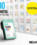Nelk 520 ink cartridge for 90 photos in front of photo wall, promotional image