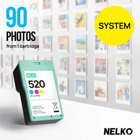 Nelk 520 ink cartridge for 90 photos in front of photo wall, promotional image