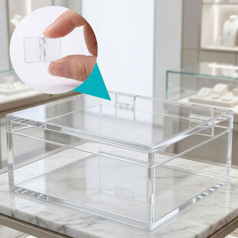 5Pcs Self Adhesive Acrylic Hinges Clear 25 By 34 Mm for DIY Jewelry Boxes shown on clear box lid