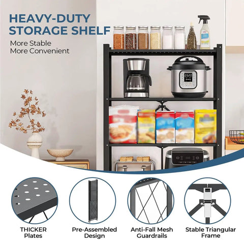 Super Durable Triple Tier Metal Wire Shelf That Is Hella Versatile For Kitchen Pantries Garages And Bedrooms Easy Foldable Design Makes Clutter Disappear Fast with various kitchen items.