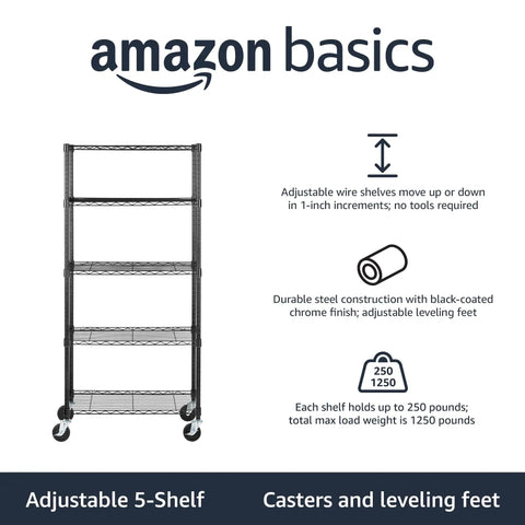 Shop Ready Heavy Duty Five Shelf Garage Storage Rack With Roll Around Caster Wheels Adjustable Metal Wire Tiers To Stack Your Tools 300 Lbs Load Black Steel Organizer Workstation with adjustable shelves and wheels.