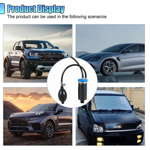 Universal Intake Adapter For Smoke Machine And Fuel Leak Diagnostic Tool With Heavy Duty Silicone Inflatable Bladder For 12V Evap System Plug And Play Under The Hood Auto Repair displayed with various vehicles.