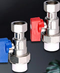 Rock Solid Brass PPR Union Ball Valve One Half Inch By Twenty Millimeter To Three Quarter Twenty Five Millimeter Pipe Coupler with red and blue handles.