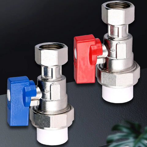 Rock Solid Brass PPR Union Ball Valve One Half Inch By Twenty Millimeter To Three Quarter Twenty Five Millimeter Pipe Coupler with red and blue handles.